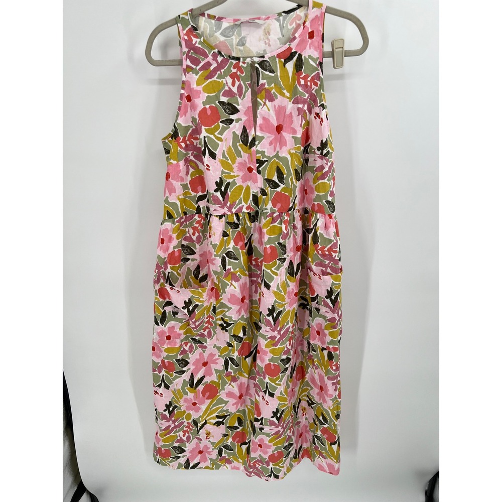 Floral Sleeveless Tiered Dress Size 12 Pink Green 100% Cotton Abstract Print